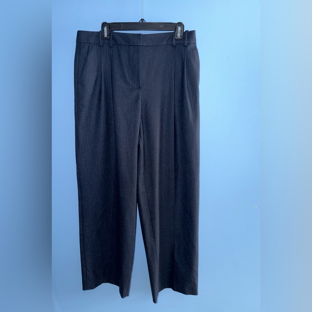 Zara - Navy Blue Pinstriped Pleated Straight Leg Pants - Picture 7 of 11